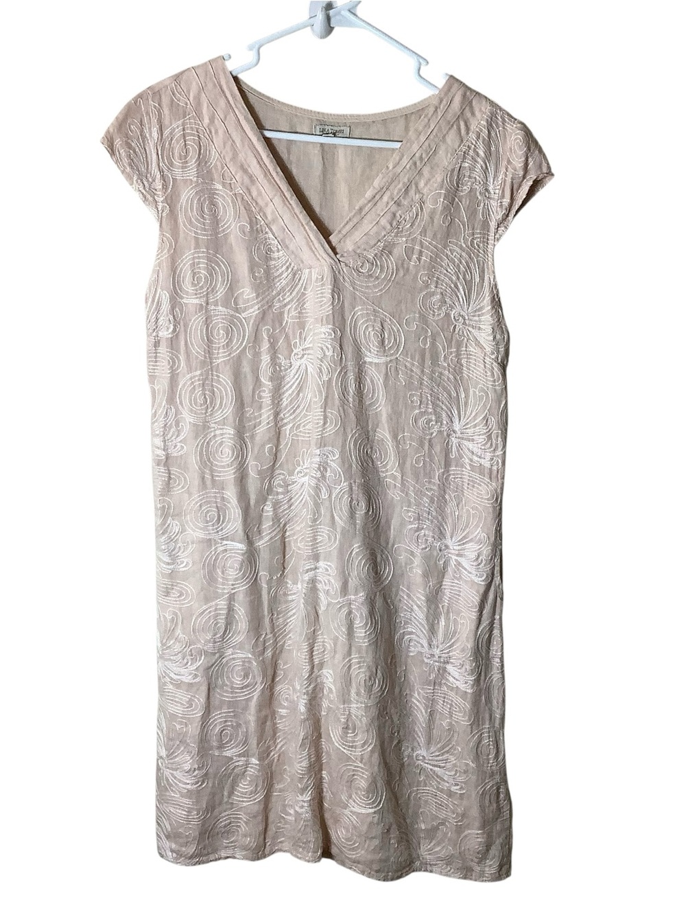 Lina Tomei Linen Embroidered V-Neck Women’s Dress Made In Italy Large